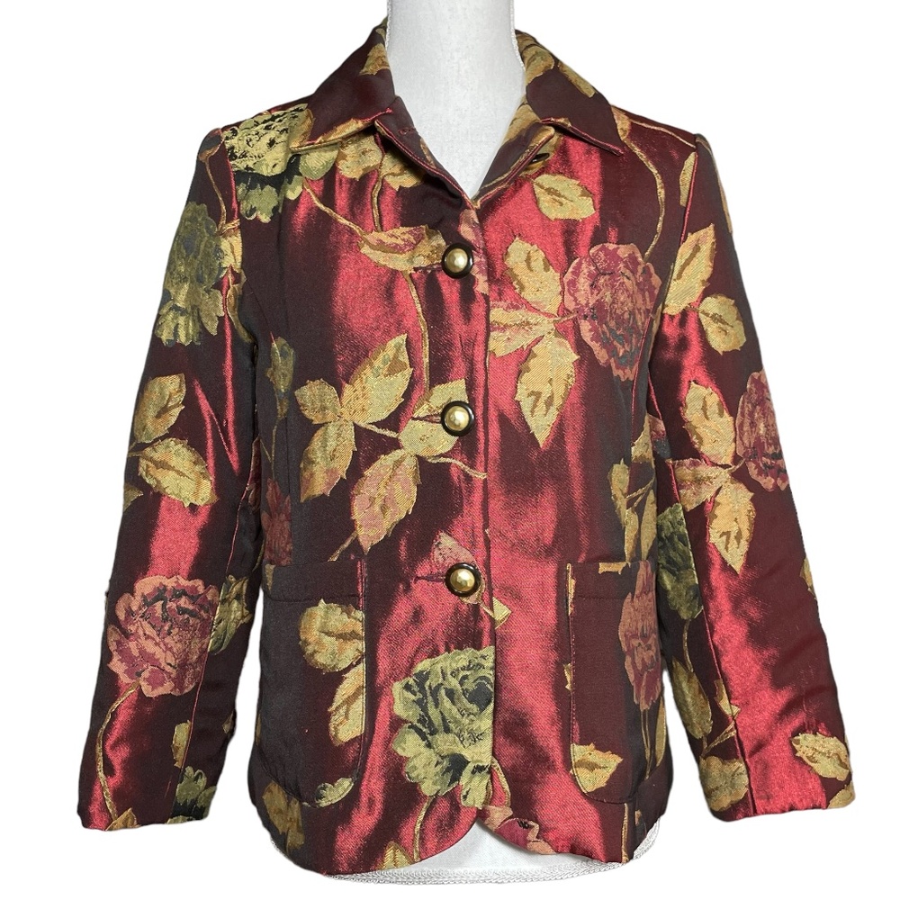 Rose Brocade Blazer S VTG Floral Pearl Collared Jacket Jacquard Cottagecore